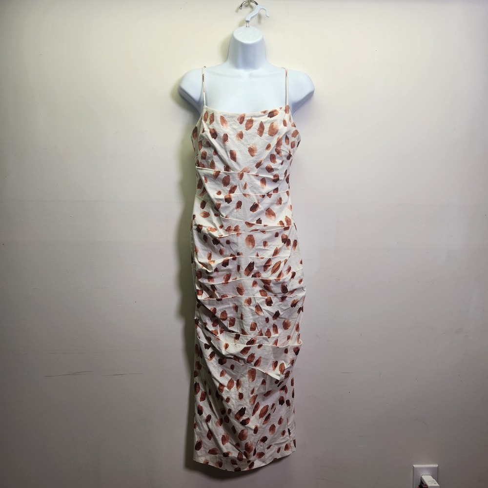 Significant Other Ruched Linen Blend Midi Dress Sz 6 Adjustable Strap Lined Slit